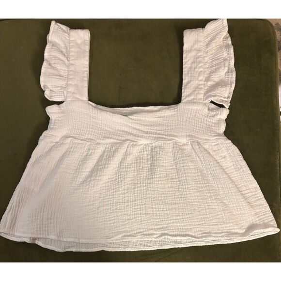 KOURT Babydoll Cropped Cotton Gauze Flutter Sleeve Top, White, Sz. M - Picture 4 of 6